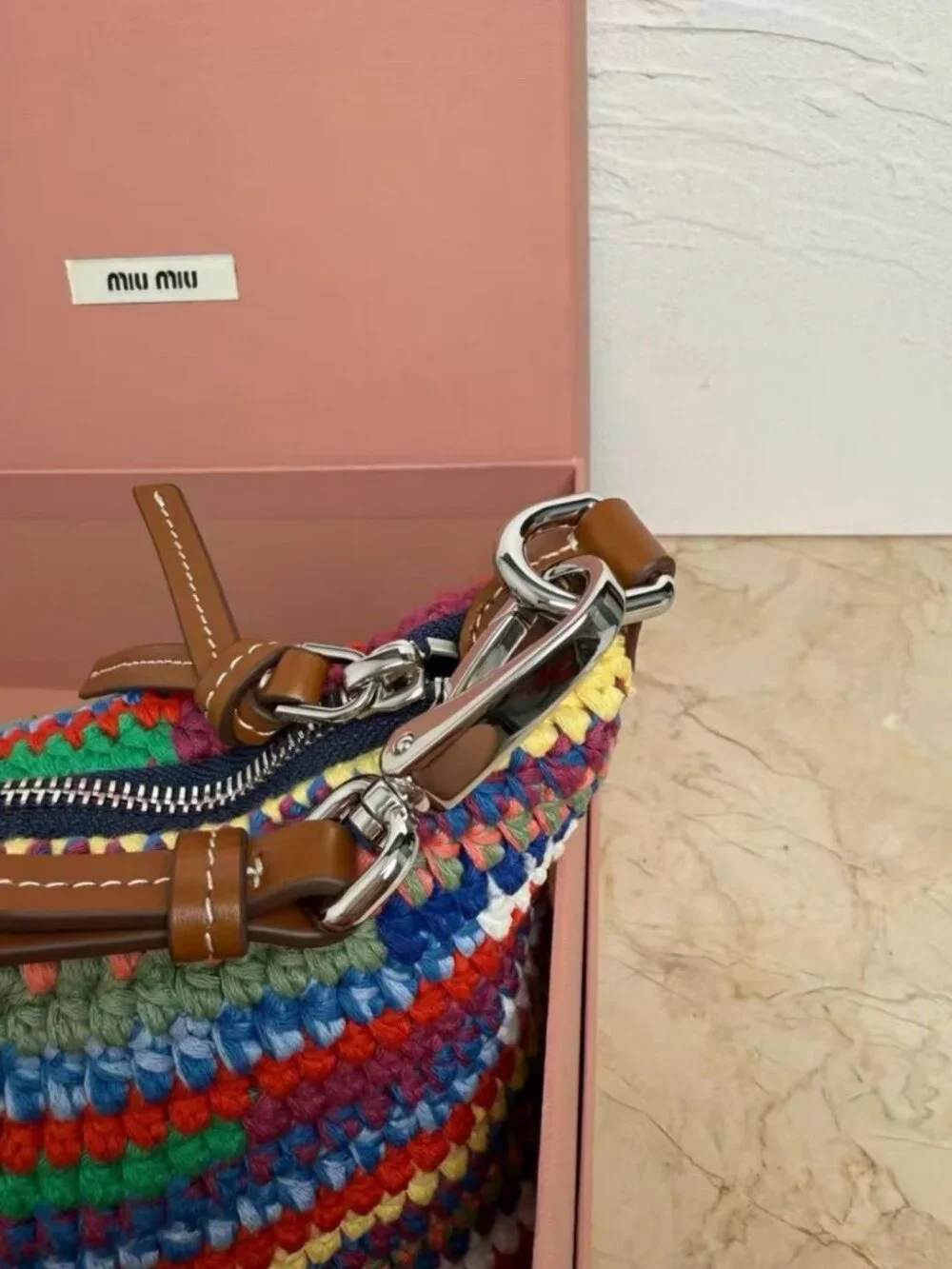 Miu Miu Rainbow Striped Knit Raffia Shoulder Bag